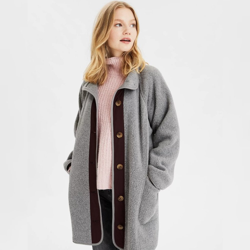 American Eagle Outfitters Longline Fleece Coat in Gray - Size Small